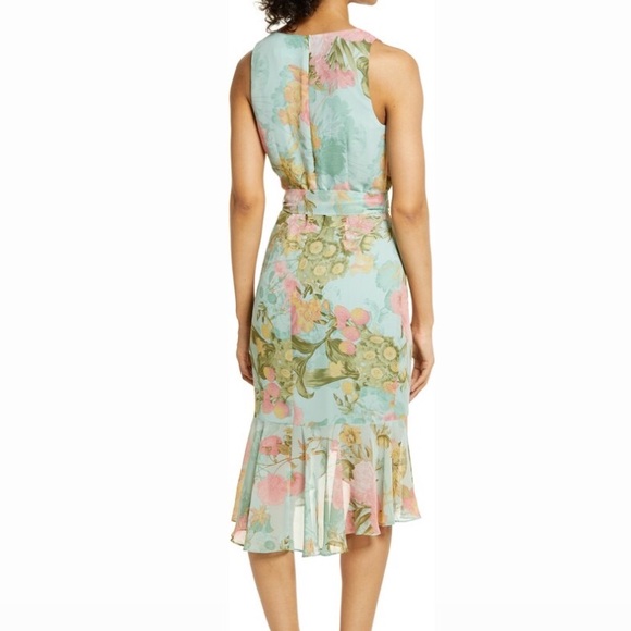 Eliza J Min Blue Pink Floral Sleeveless V-Neck Faux Wrap Front Ruffle Midi Dress - Picture 7 of 13